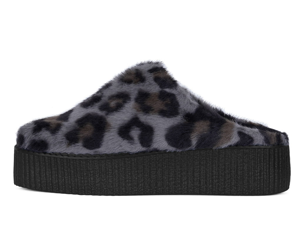 T.U.K. Shoes V3445L Grey Leopard Faux Fur Creeper Mule
