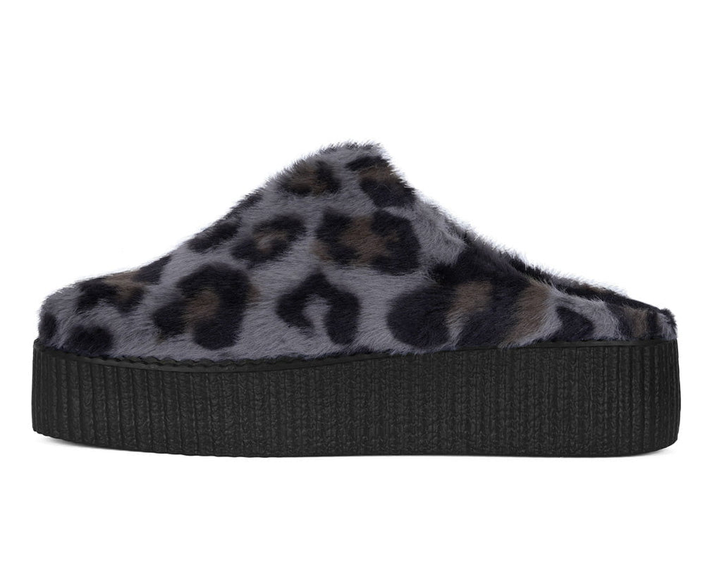 T.U.K. Shoes V3445L Grey Leopard Faux Fur Creeper Mule