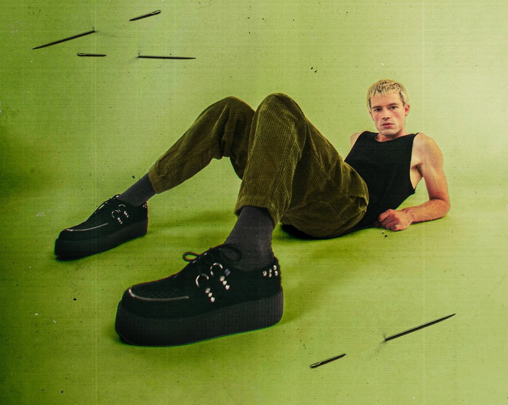 T.U.K. Shoes V3075 Black Suede Zipper Studded Mondo Creeper
