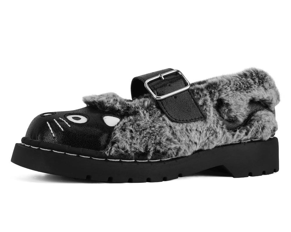 T.U.K. Shoes Black & Grey Furry Kitty Mary Jane