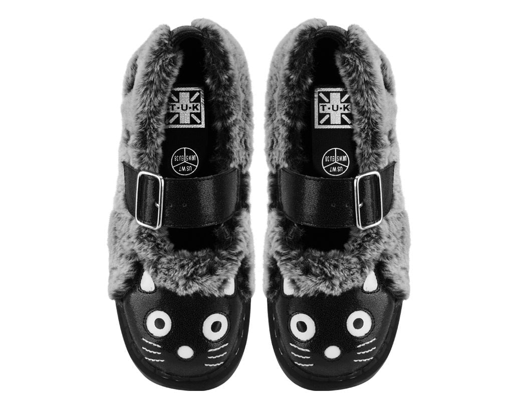 T.U.K. Shoes Black & Grey Furry Kitty Mary Jane