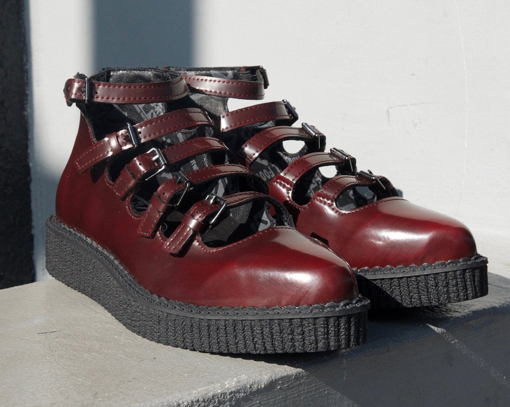 T.U.K. Shoes A9902L Burgundy Rub-Off Multi Strap Pointed Mary Jane