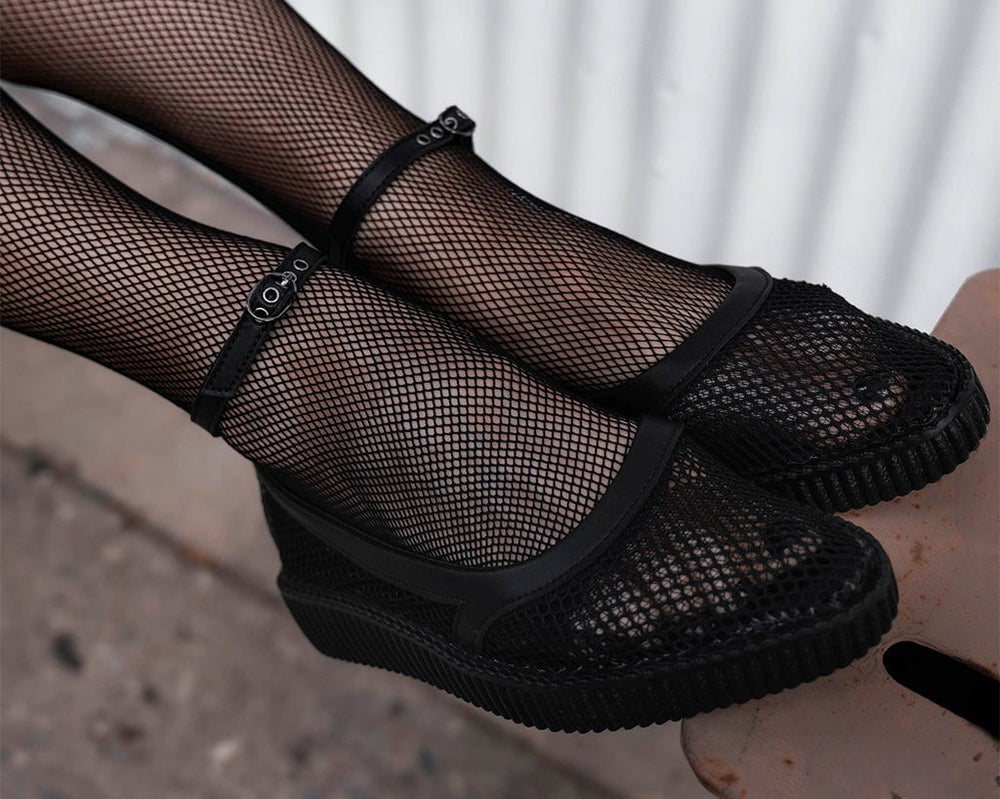 T.U.K. Shoes A3211L Black Fishnet Pointed Ballet Creeper