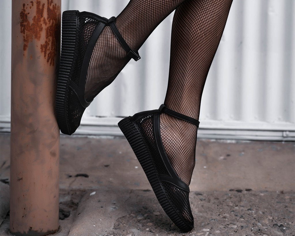 T.U.K. Shoes A3211L Black Fishnet Pointed Ballet Creeper