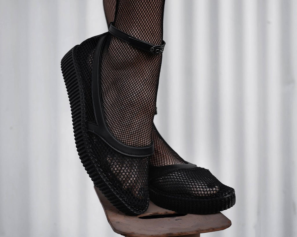T.U.K. Shoes A3211L Black Fishnet Pointed Ballet Creeper