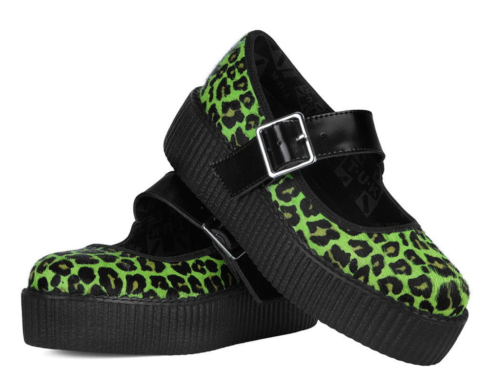 T.U.K. Shoes V3413L Green Leopard Cow Hair Mondo Mary Jane