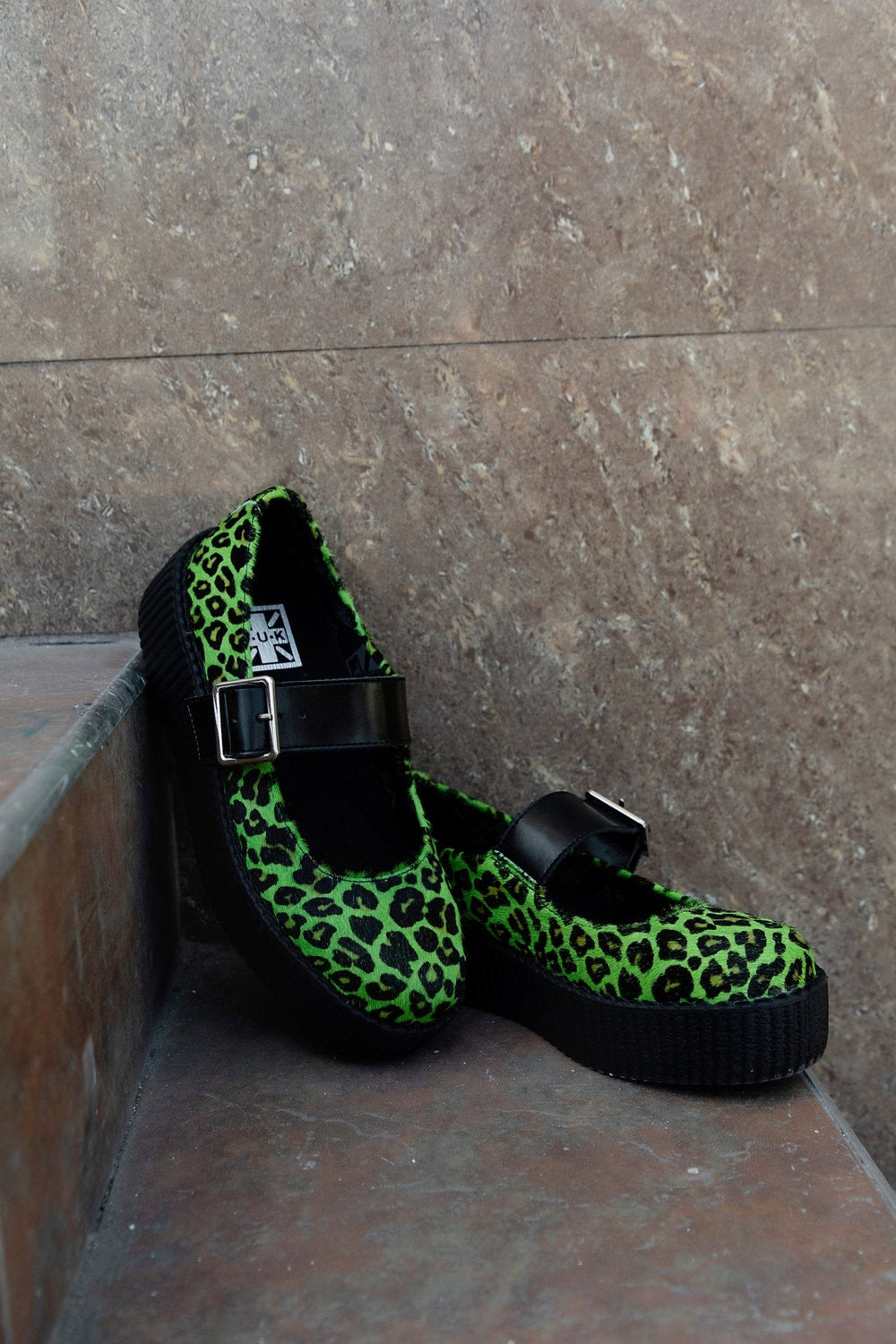 T.U.K. Shoes V3413L Green Leopard Cow Hair Mondo Mary Jane