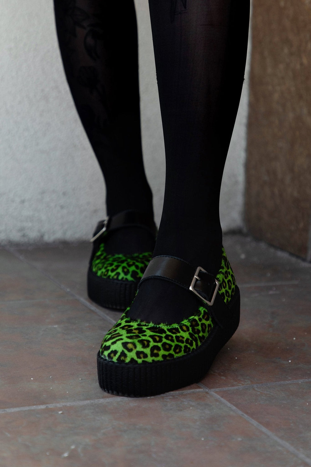 T.U.K. Shoes V3413L Green Leopard Cow Hair Mondo Mary Jane
