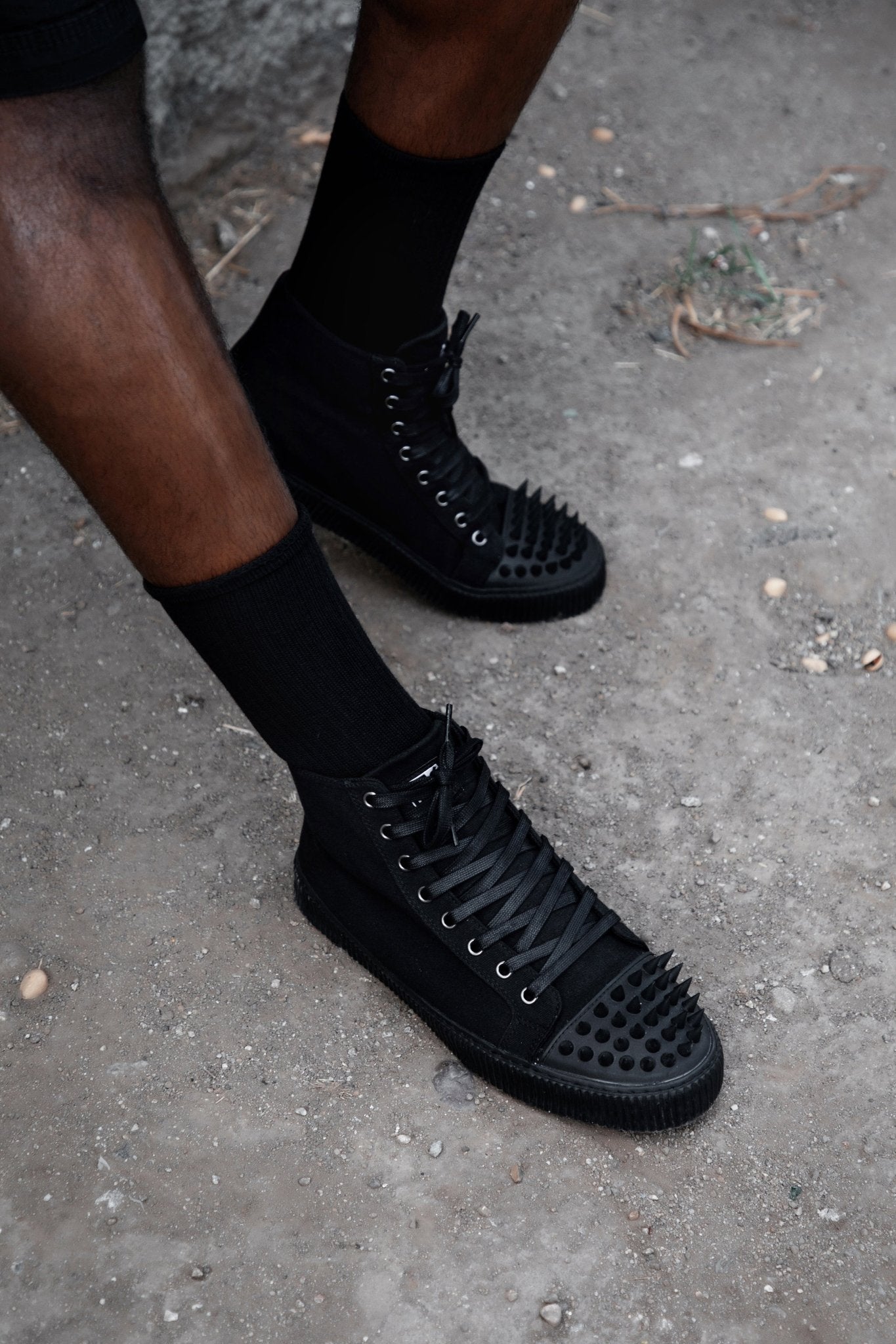 T.U.K. Shoes A3429 Black Twill Spiked Toe 8 Eye Sneaker Boot