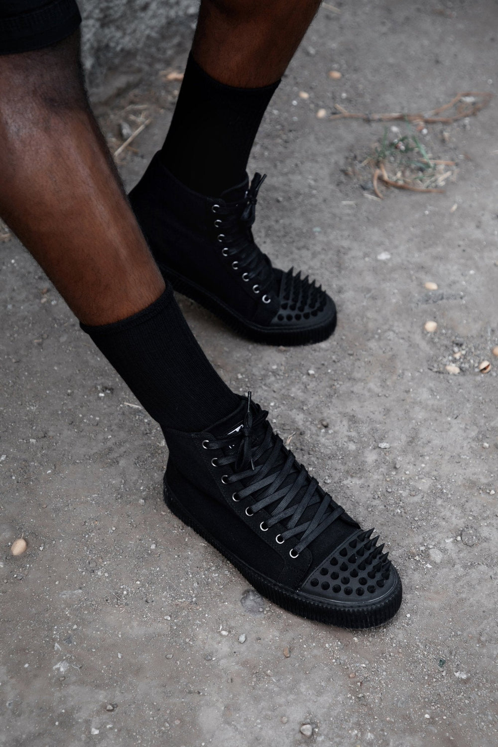 T.U.K. Shoes A3429 Black Twill Spiked Toe 8 Eye Sneaker Boot