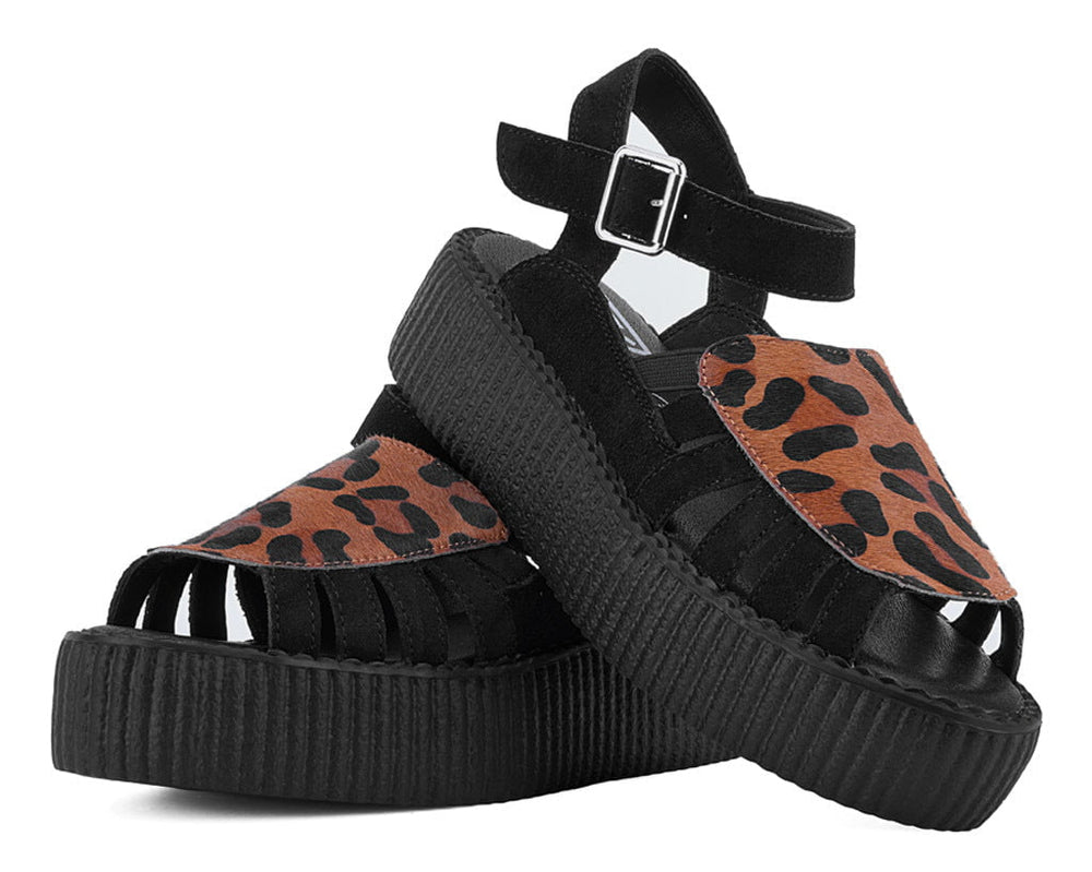 T.U.K. Shoes V3463L Black Suede Leopard Front Viva Mondo Sandal