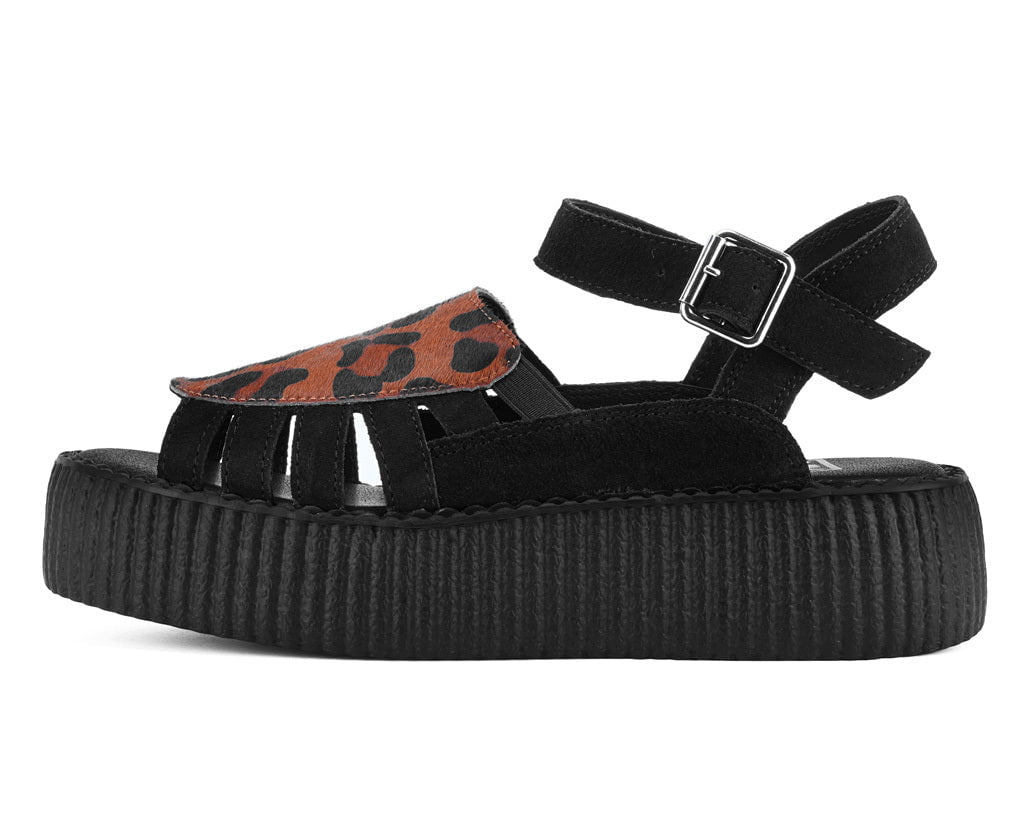 T.U.K. Shoes V3463L Black Suede Leopard Front Viva Mondo Sandal