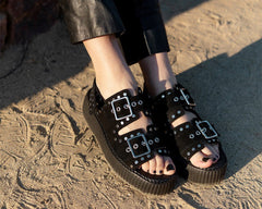 T.U.K. Shoes V3343L Black Suede Flat Stud Viva Mondo Sandal