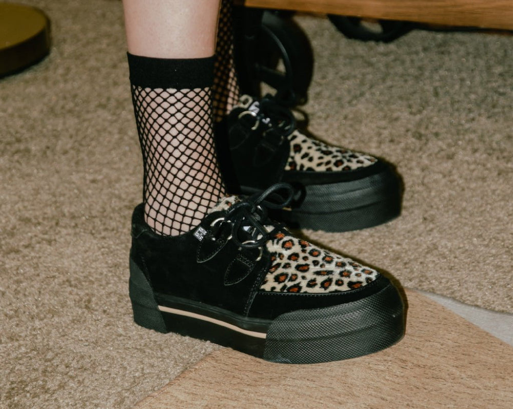 T.U.K. Shoes A3137 Black & Leopard Suede Platform Creeper Sneaker