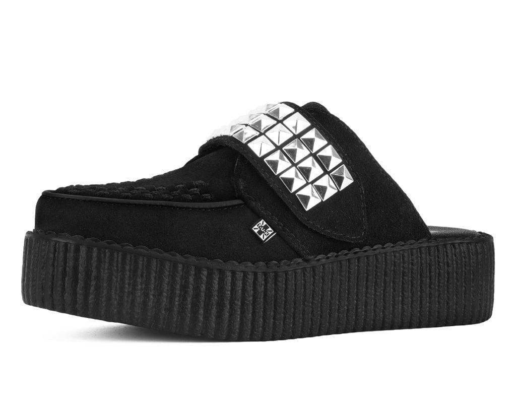 T.U.K. Shoes V3476L Black Suede Studded Strap Creeper Mule