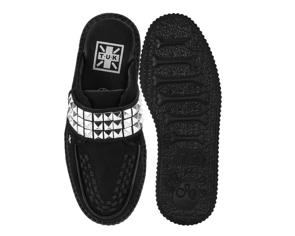 T.U.K. Shoes V3476L Black Suede Studded Strap Creeper Mule