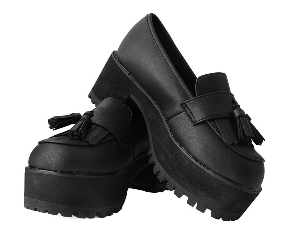 T.U.K. Shoes A9938L Black TUKskin™ Fringe Loafer Platform