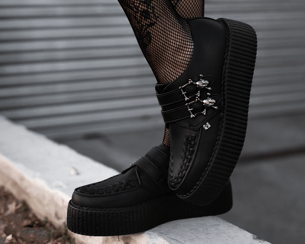 T.U.K. Shoes V9743 Black TUKskin™ 2-Buckle Skull Creeper