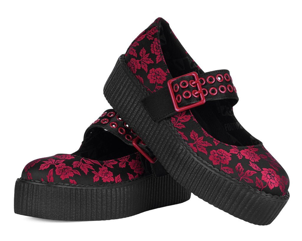 T.U.K. Shoes V3407L Black & Red Silk Flower Mondo Mary Jane