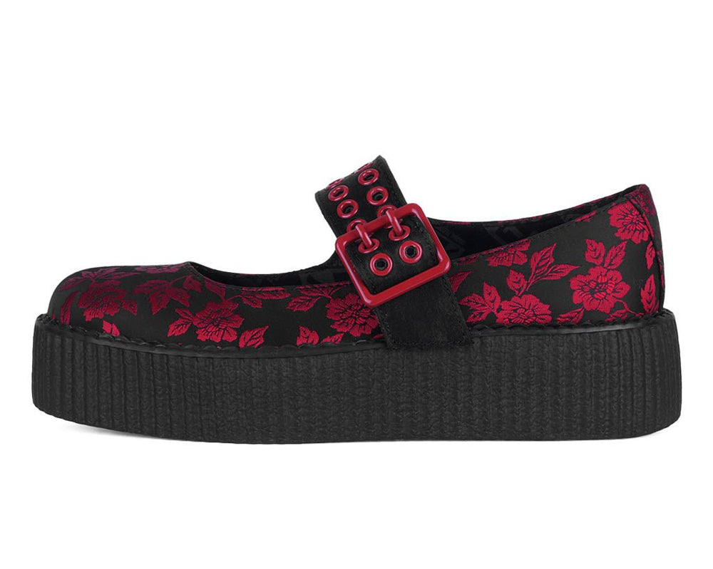 T.U.K. Shoes V3407L Black & Red Silk Flower Mondo Mary Jane