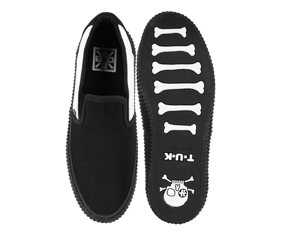 T.U.K. Shoes A3225 Black & White Twill Skull Slip-On Creeper Sneaker