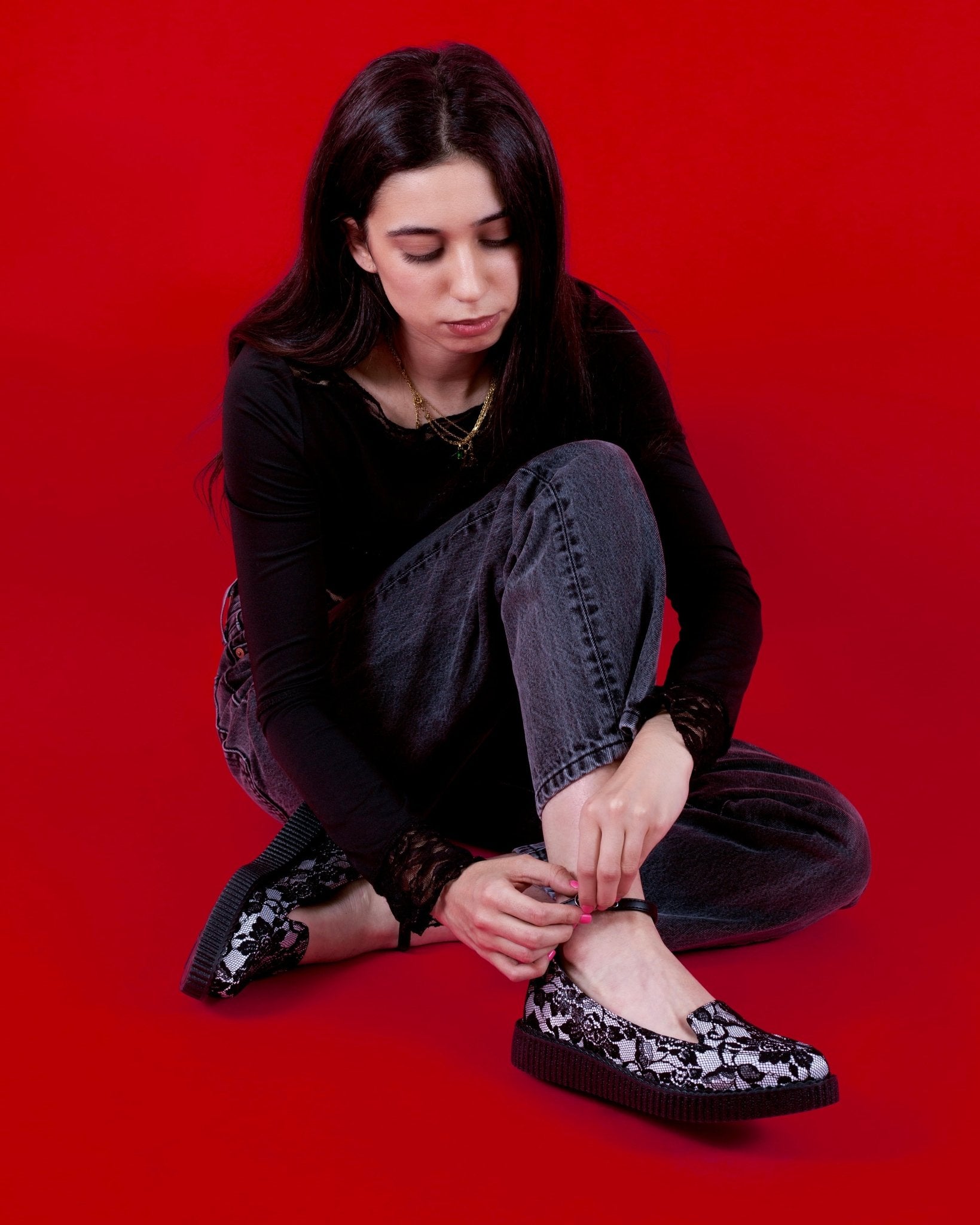 T.U.K. Shoes Black Satin Lace Pointed Ballet Creeper