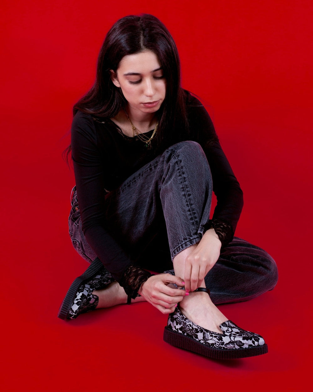 T.U.K. Shoes Black Satin Lace Pointed Ballet Creeper