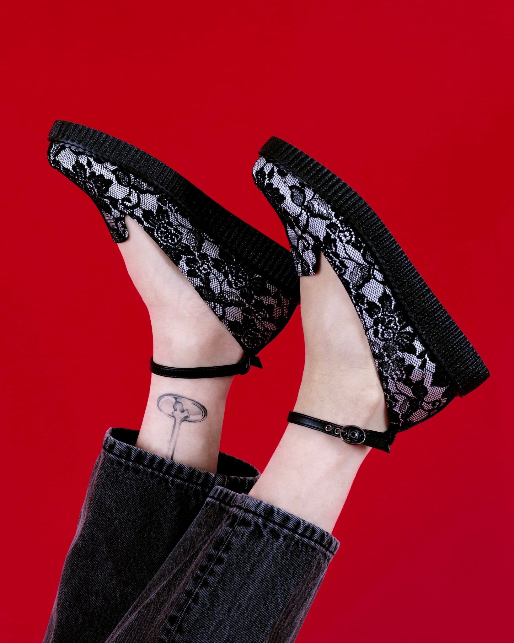 T.U.K. Shoes Black Satin Lace Pointed Ballet Creeper