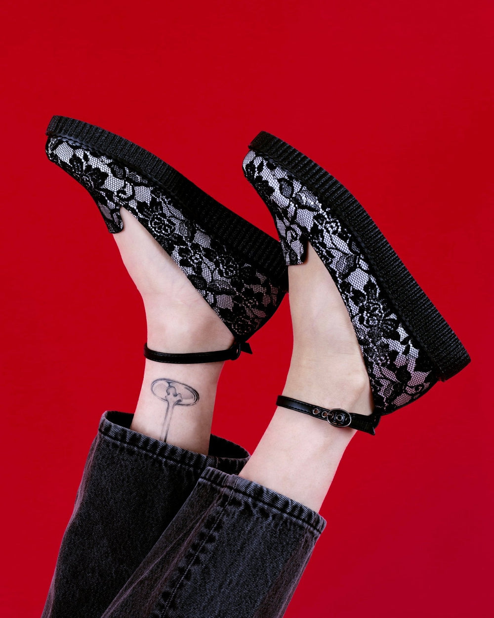 T.U.K. Shoes Black Satin Lace Pointed Ballet Creeper