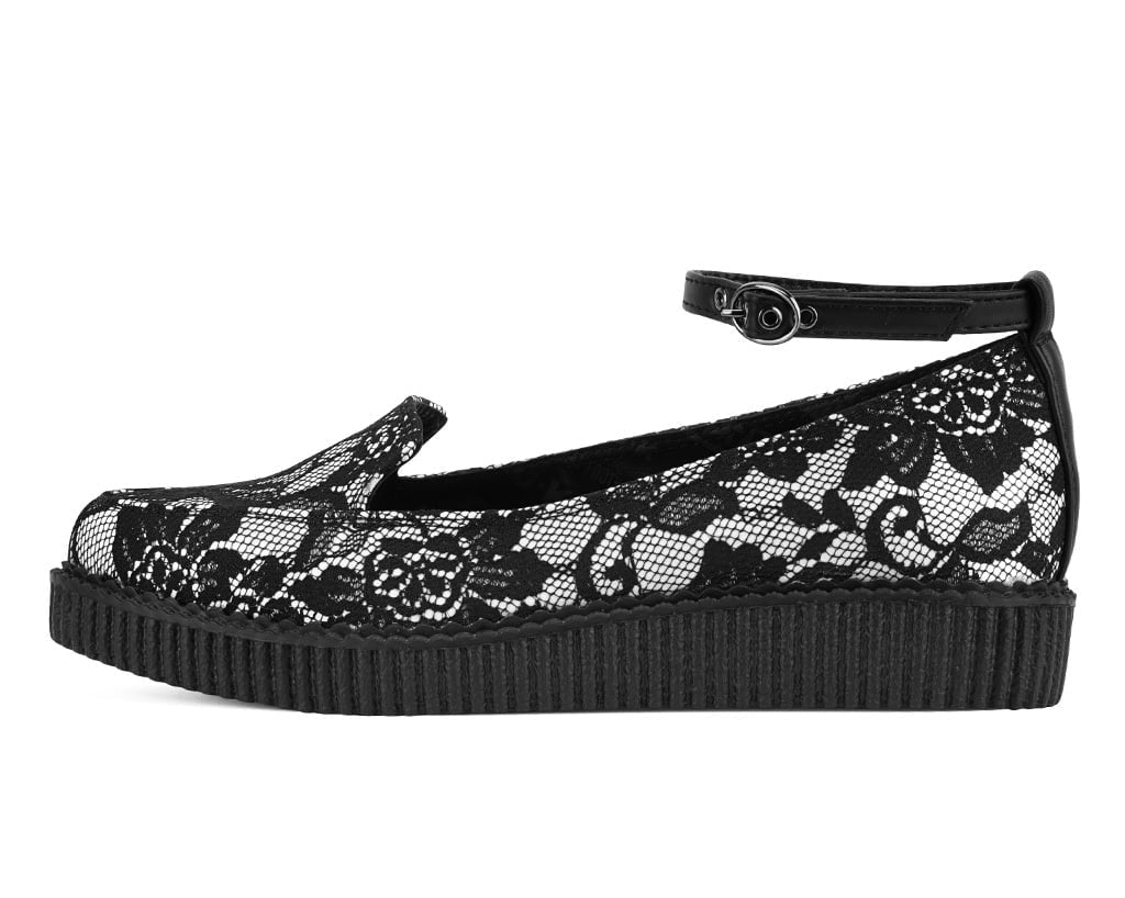 T.U.K. Shoes Black Satin Lace Pointed Ballet Creeper