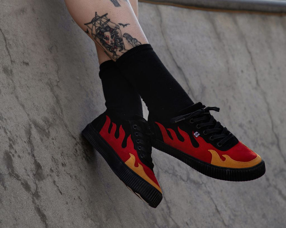 T.U.K. Shoes A3349 Black & Red Suede Flame Creeper Sneaker