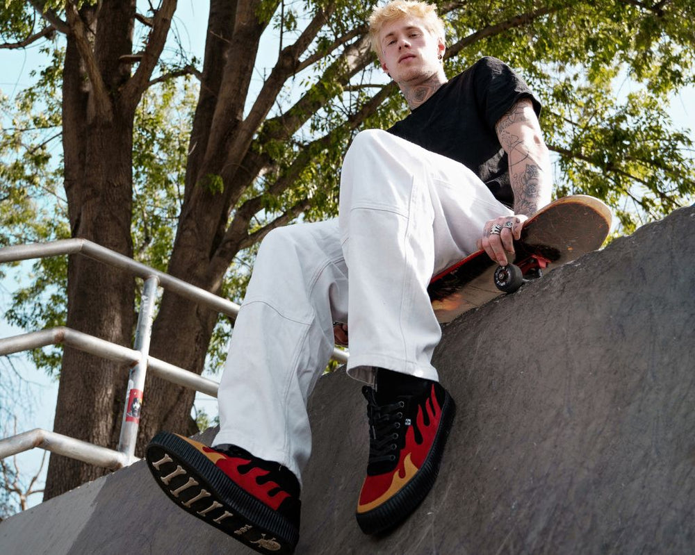 T.U.K. Shoes A3349 Black & Red Suede Flame Creeper Sneaker