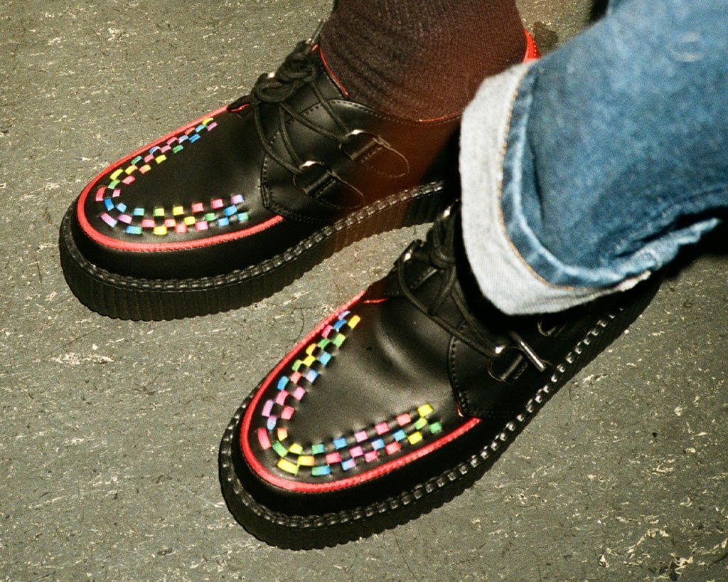 T.U.K. Shoes V3302 Black TUKskin Rainbow Interlace Viva Mondo Creeper