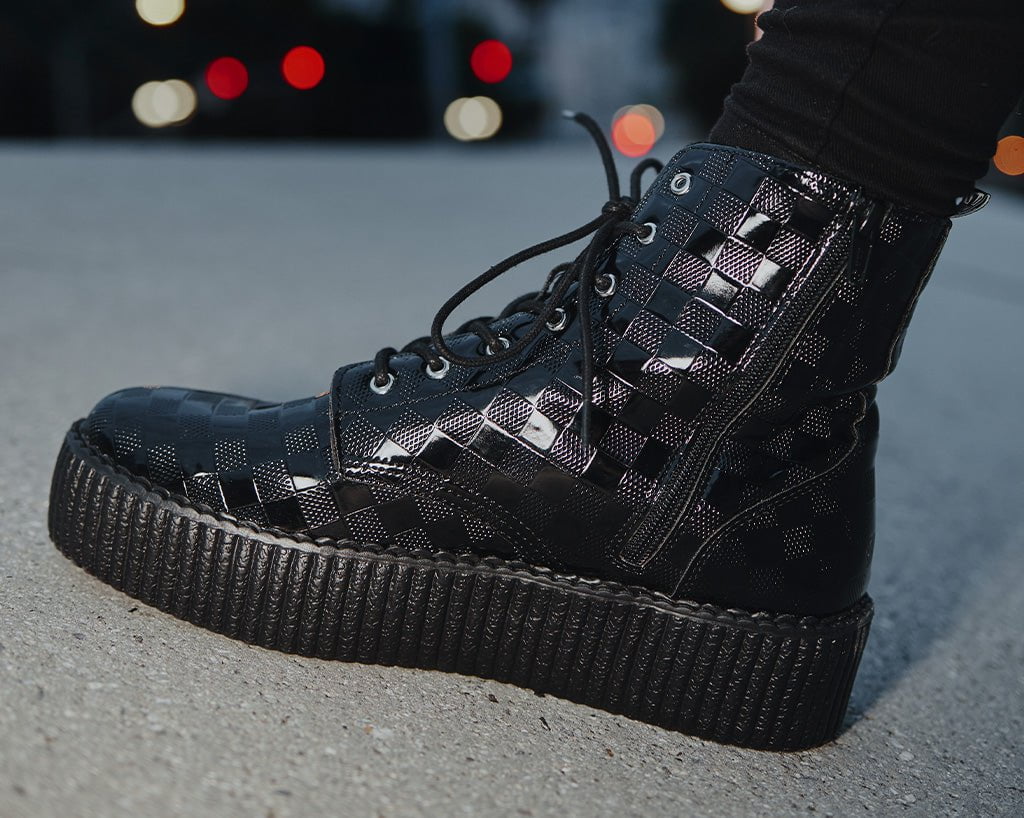 T.U.K. Shoes V3202 Black Checkered Patent Viva Mondo Boot