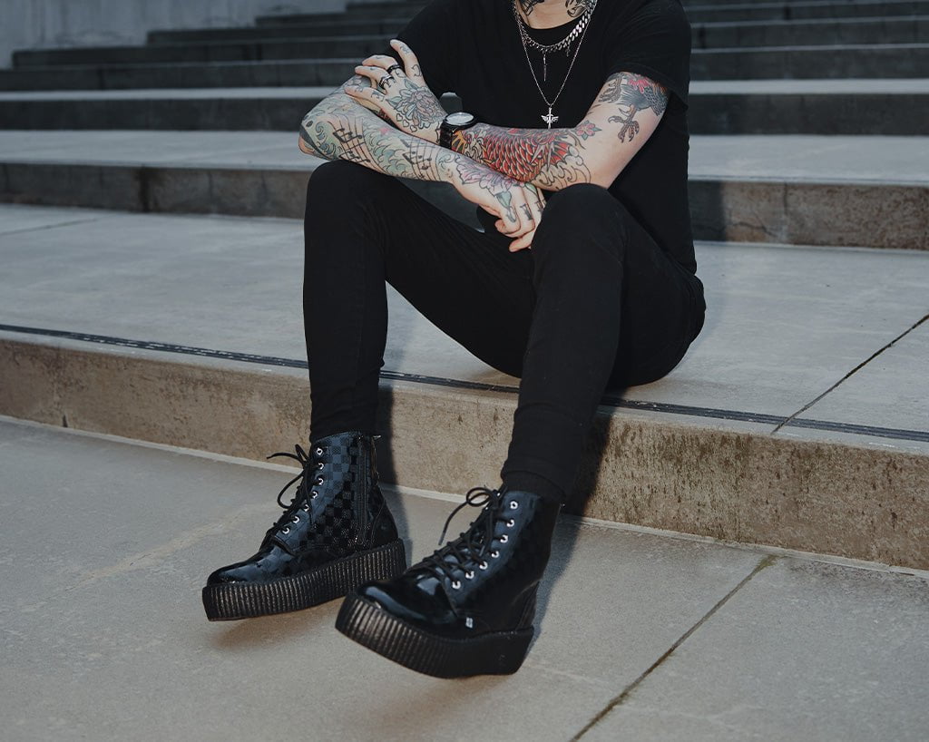 T.U.K. Shoes V3202 Black Checkered Patent Viva Mondo Boot