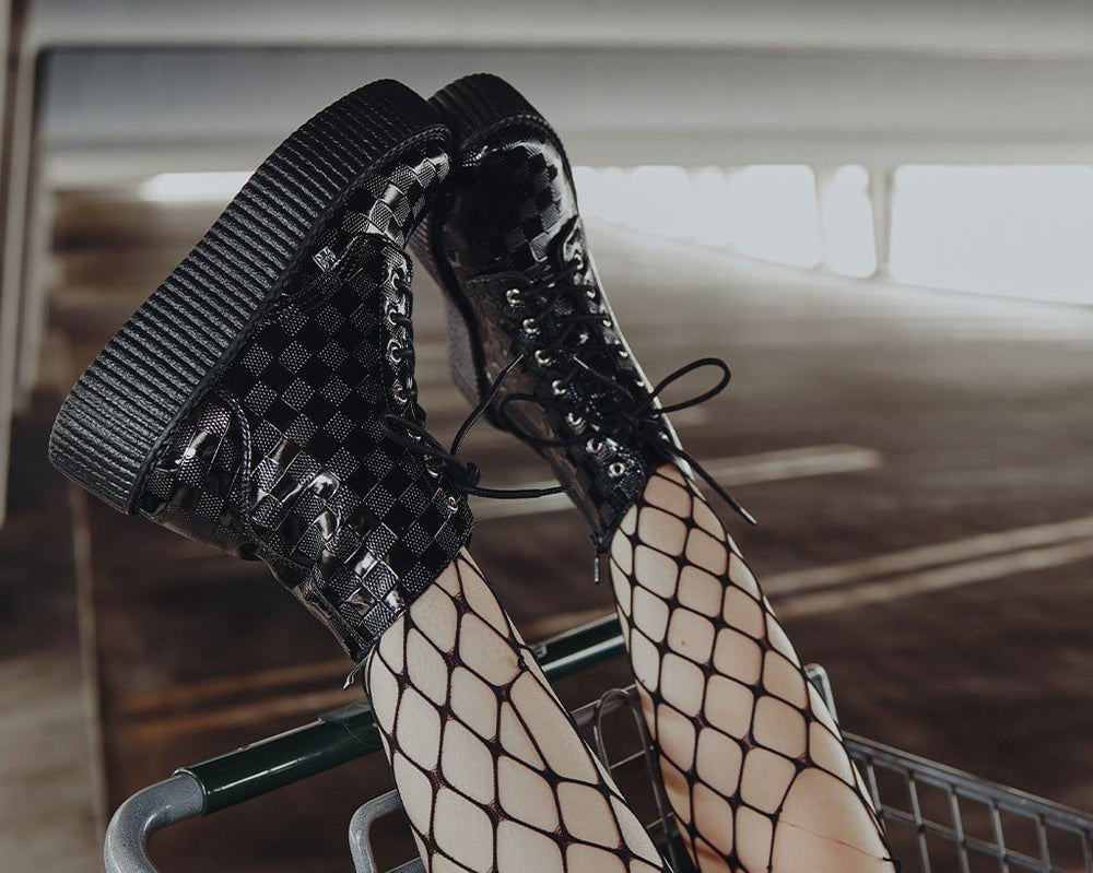 T.U.K. Shoes V3202 Black Checkered Patent Viva Mondo Boot