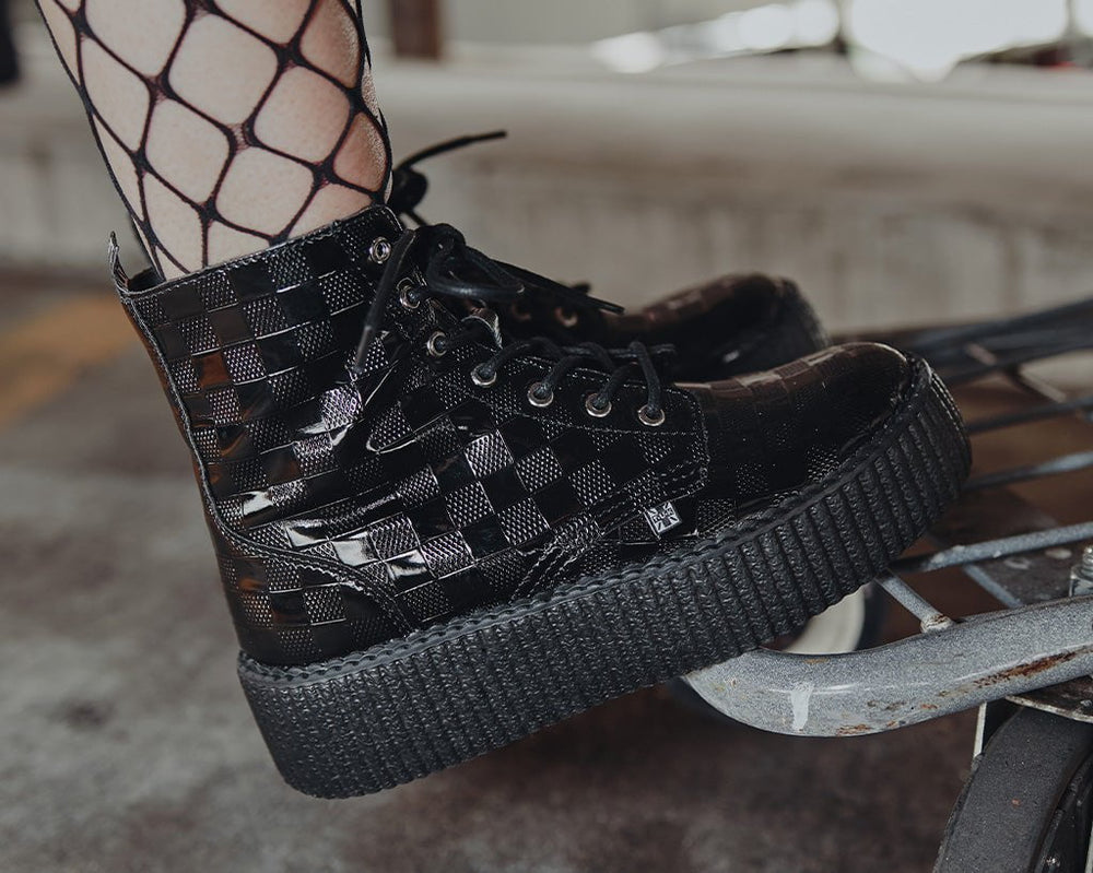 T.U.K. Shoes V3202 Black Checkered Patent Viva Mondo Boot