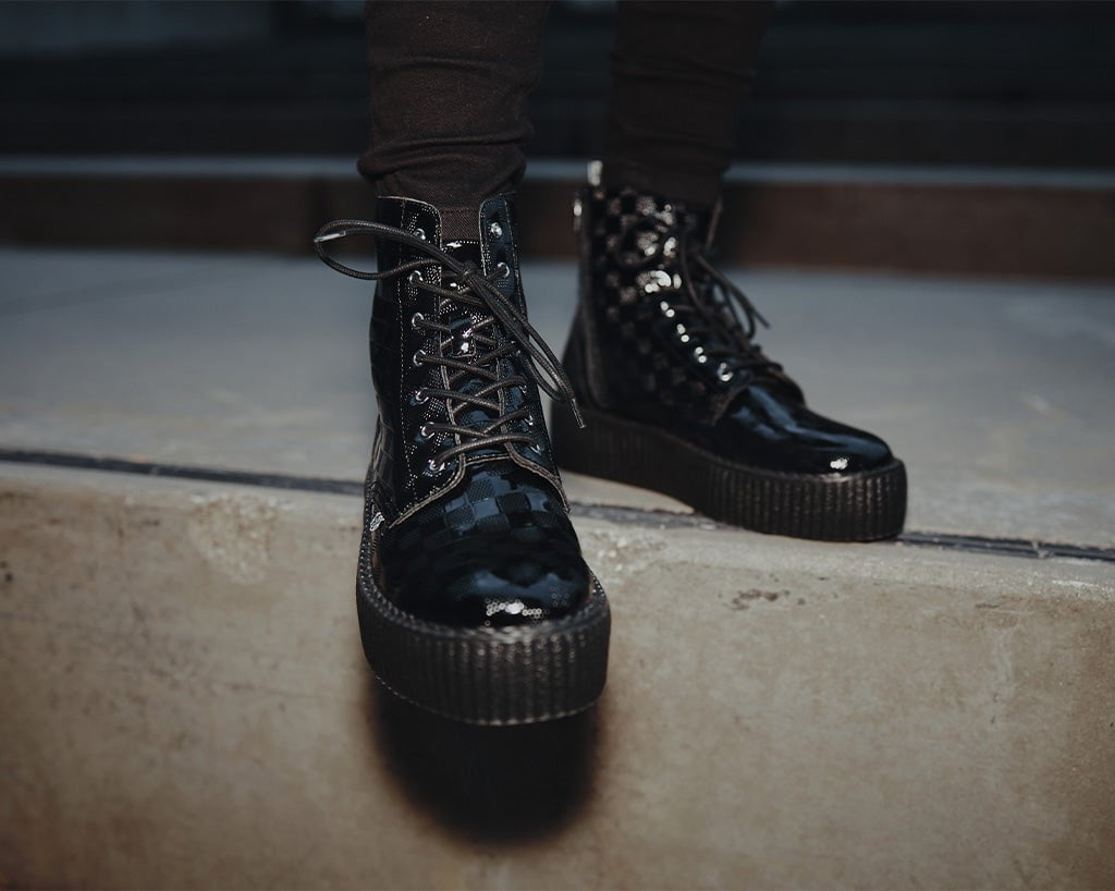 T.U.K. Shoes V3202 Black Checkered Patent Viva Mondo Boot